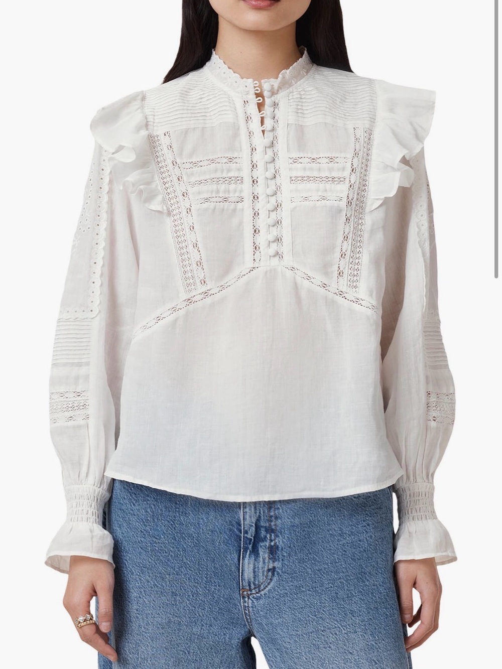 AllSaints Heather White Lace-Panel Ruffle Top